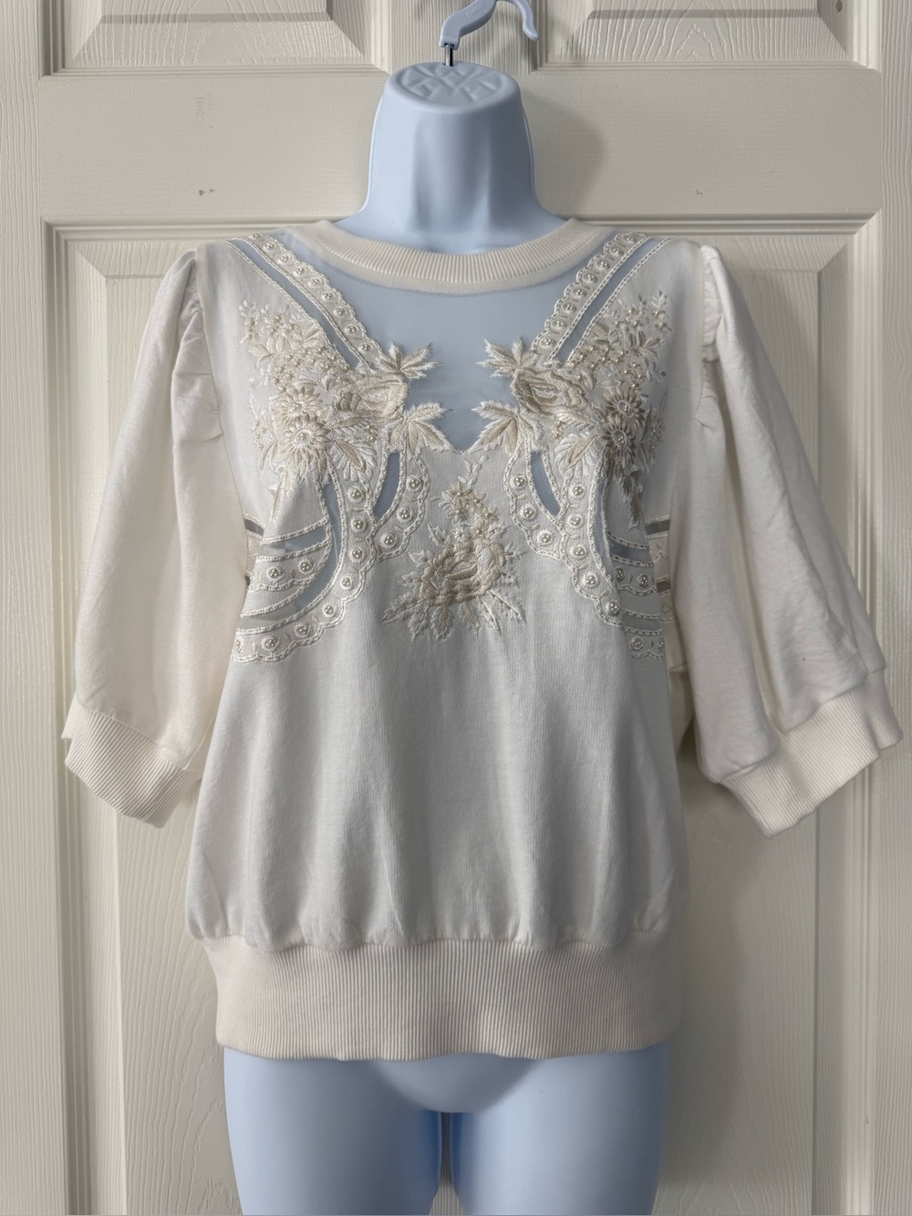 Anthropologie Embellished Puff Sleeve Sweatshirt M EUC White Ivory Boho